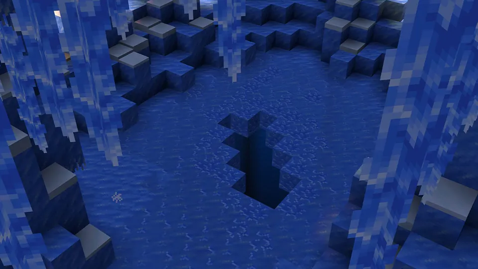 A hole in a floor of brittle ice opens onto a crevasse in an ice cave lined with icicles in Minecraft