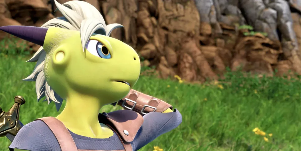 A green, horned lizard-like companion with white hair stands in a grassy canyon in Dragon Quest XII: Beyond Dreams