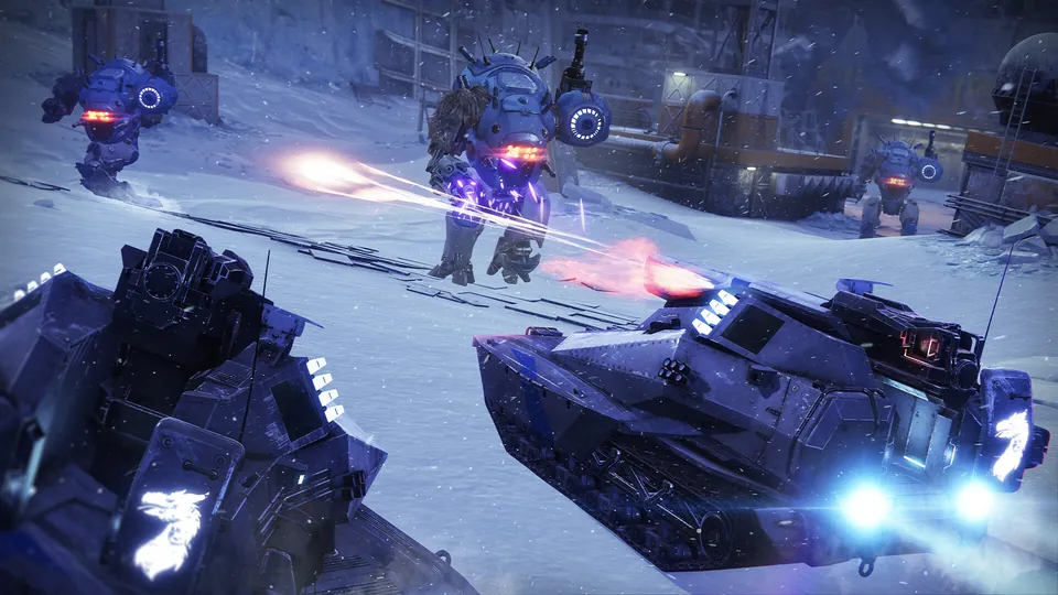 Guardians ride armored vehicles across a snowy base while Cabal soldiers open fire in Destiny 2