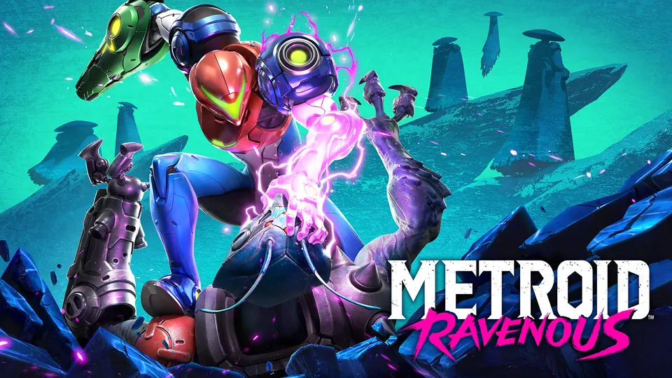 Metroid Ravenous key art: Samus Aran grapples a creature crackling with purple energy