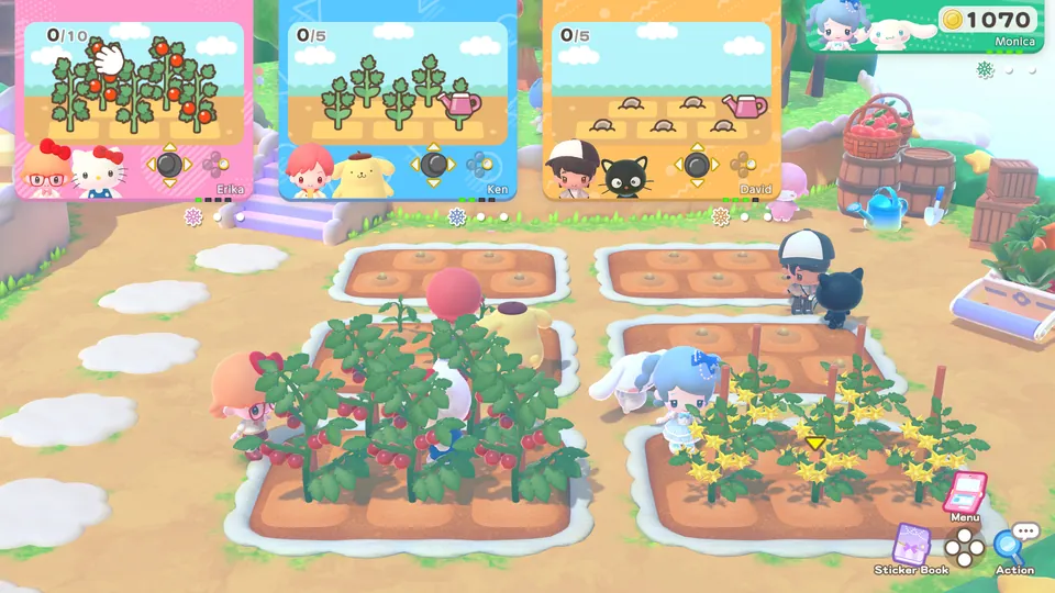 Players grow tomatoes and flowers on plots at Sky Farm in Hello Kitty Party Land