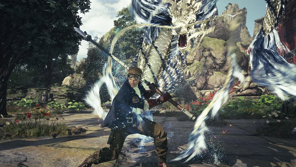 Cid Highwind swings a spear in a burst of wind against a huge monster in Final Fantasy VII Revelation