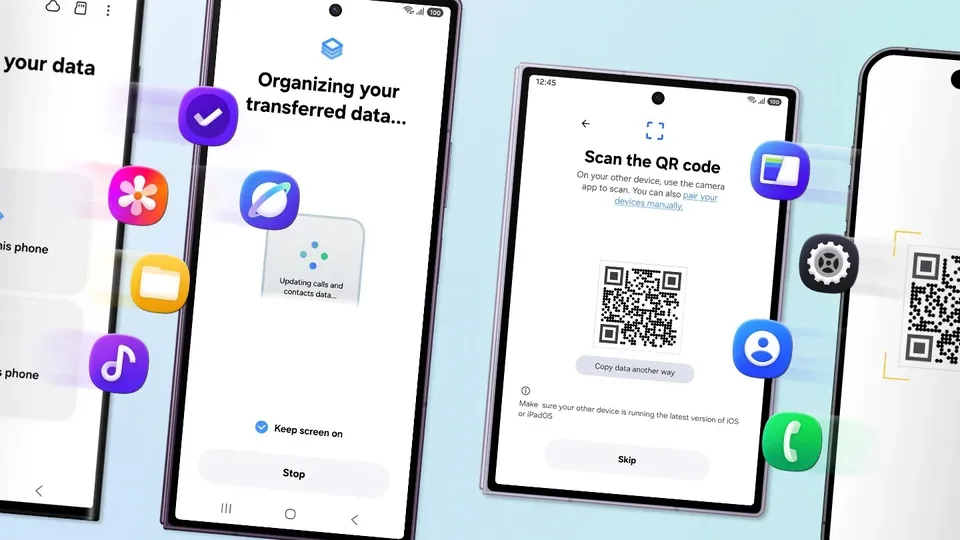 Smart Switch screens on Galaxy phones show a QR code and data being organized during a transfer