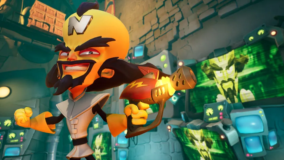 Dr. Neo Cortex grins and holds a ray gun in a lab full of monitors in Crash Bandicoot 4: It's About Time