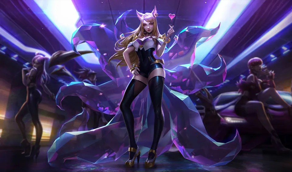 K/DA Ahri in a black and gold stage outfit with glowing tails in a neon garage