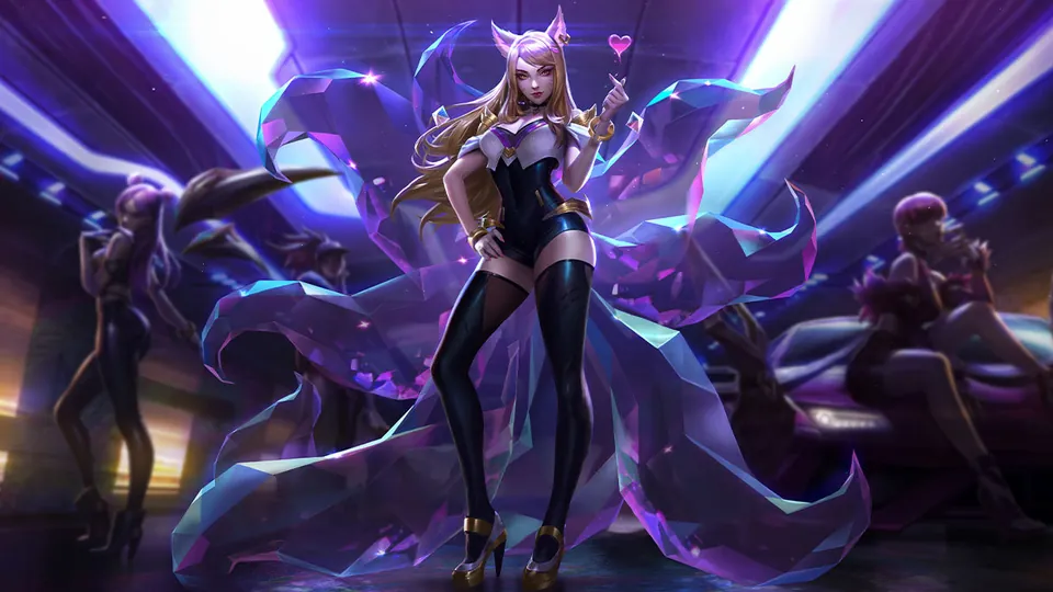 K/DA Ahri in a black and gold stage outfit with glowing tails in a neon garage