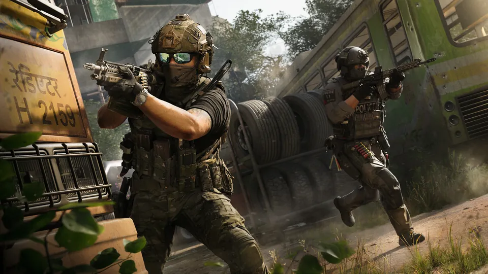 Two soldiers in helmets and tactical gear advancing with rifles past a green bus in Call of Duty: Modern Warfare 4