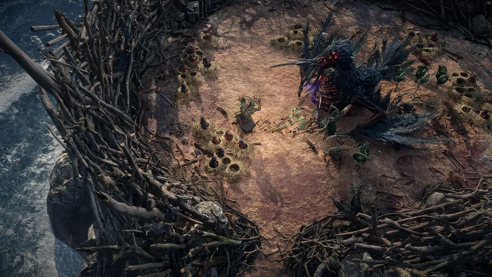 A giant dark bird creature waits in a nest of branches high on a cliff in Path of Exile 2