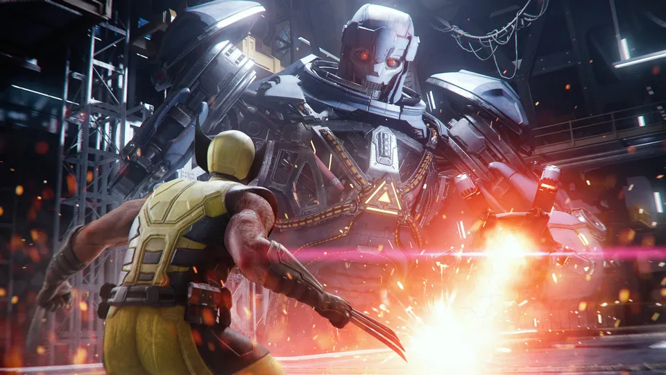 Marvel's Wolverine image: Wolverine faces a giant armored robot amid sparks in an industrial hall