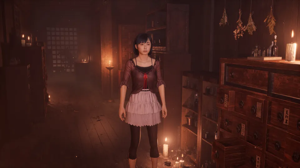 Hinako stands in the Crimson Butterfly costume in a candlelit room lined with wooden drawers and hanging herbs in Silent Hill f