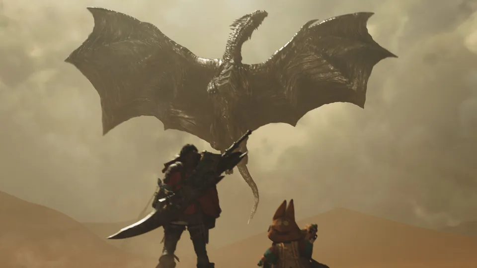 The silhouette of a winged dragon flies over a hunter and a Palico in Monster Hunter Wilds: Ascendance