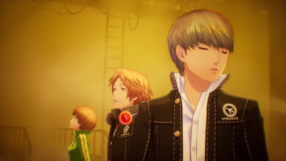 Persona 4 Revival on Switch 2: the gray-haired protagonist, Yosuke and Chie look up through yellow fog in the TV world