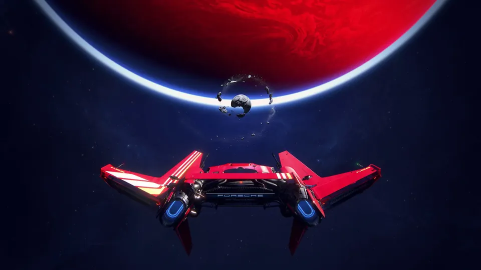 A red spaceship flying in front of a red planet in Intergalactic: The Heretic Prophet