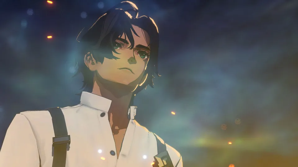 A dark-haired character in a white shirt looks ahead as embers drift in Xenoblade Genesis