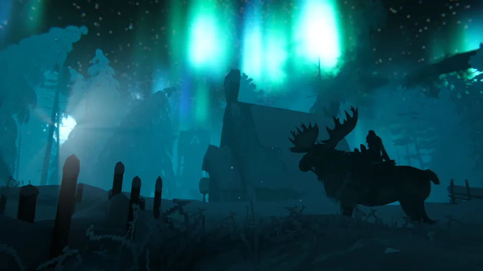 A Viking rides a moose past a longhouse under the northern lights