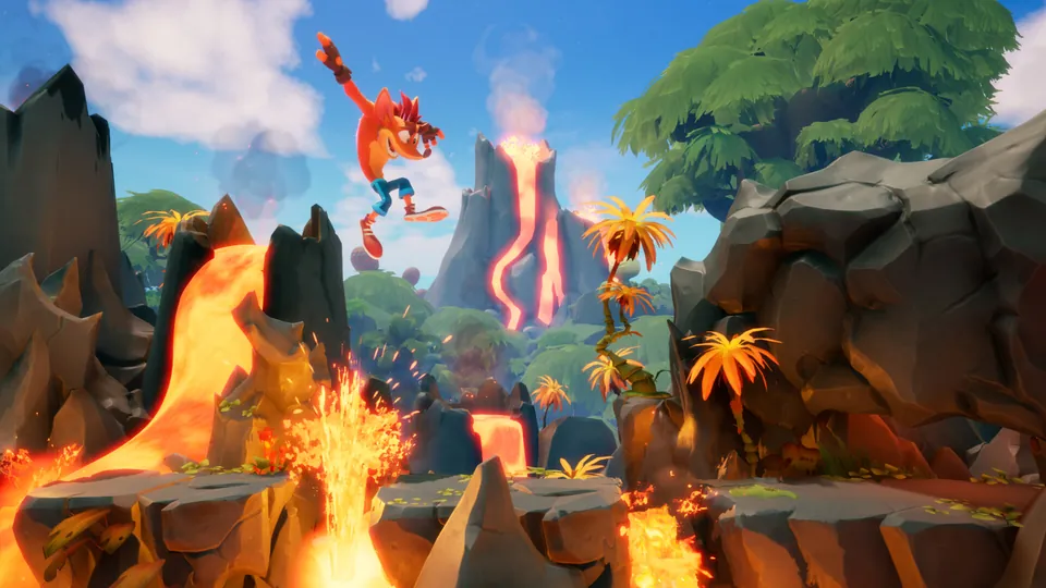 Crash Bandicoot leaps over erupting lava on a volcanic island in Crash Bandicoot 4: It's About Time