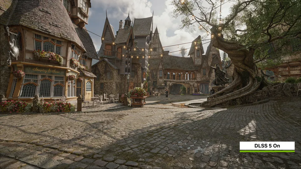 Hogsmeade's cobbled square in Hogwarts Legacy on PC with Nvidia DLSS 5 turned on