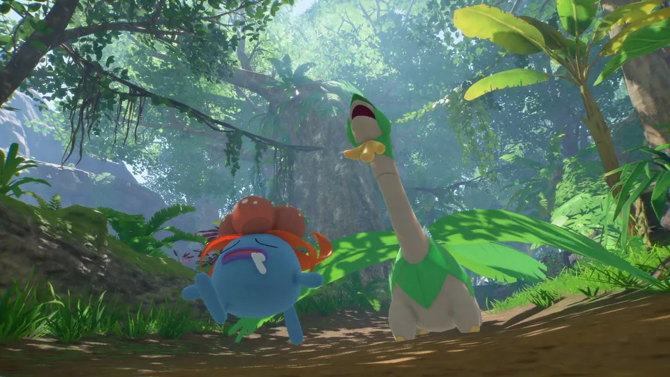 Two Pokémon on a jungle trail under tall trees