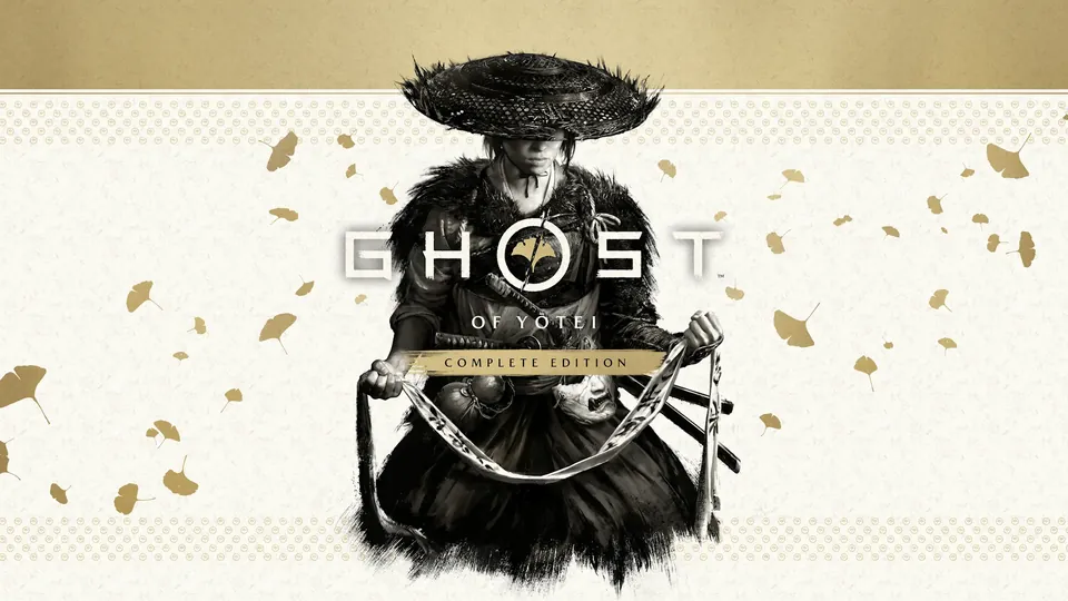 Ghost of Yōtei Complete Edition artwork in black ink with gold leaves