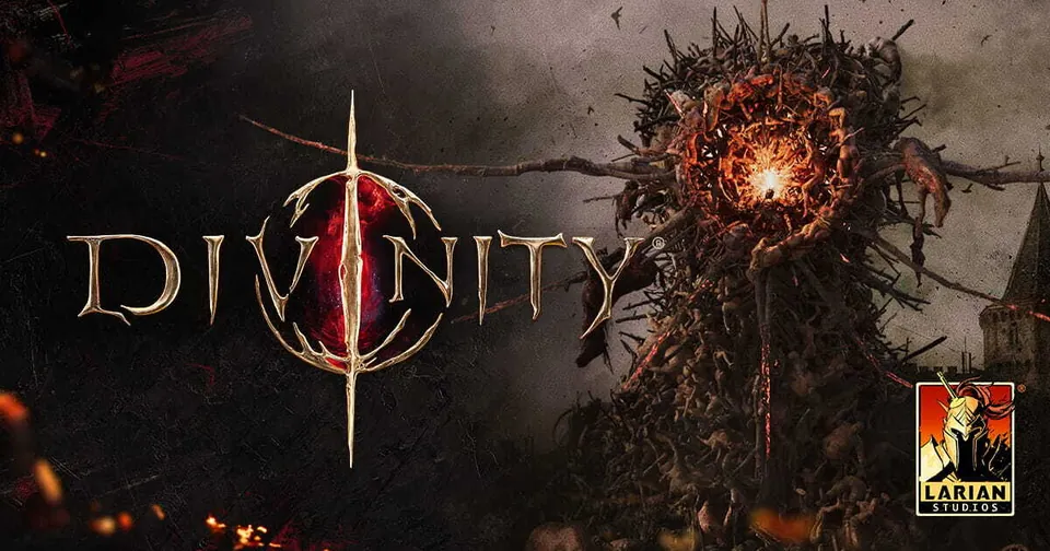 The Divinity logo next to a burning effigy of thorns with the Larian Studios emblem
