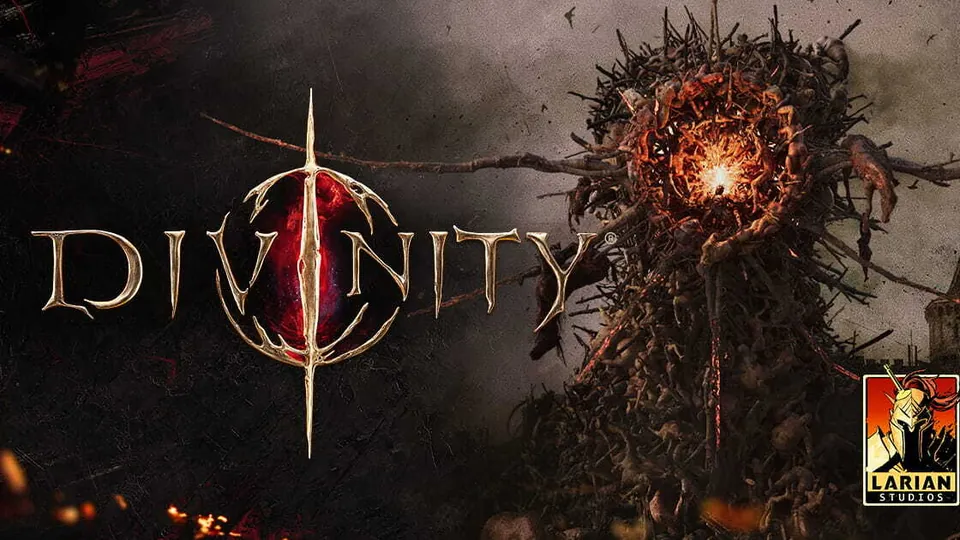 The Divinity logo next to a burning effigy of thorns with the Larian Studios emblem
