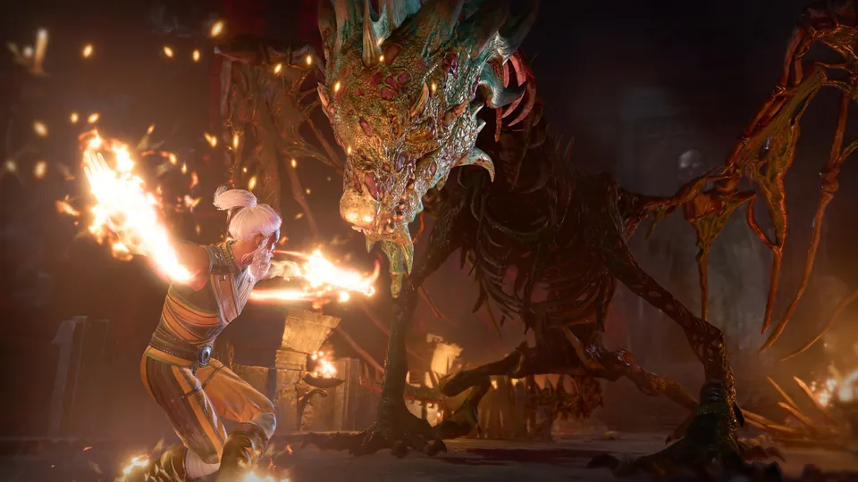 A spellcaster throws fire at a huge green dragon among burning branches