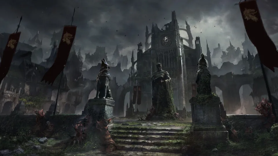 Ruined statues and torn red banners line the steps of a dark cathedral square in Westmarch in Diablo V