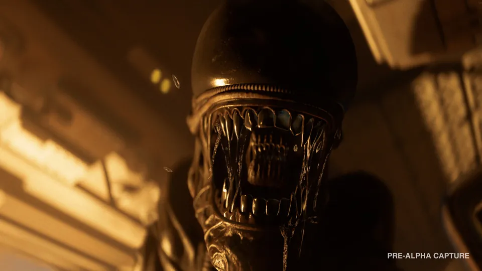 The Xenomorph bares its teeth in warm light falling through window blinds in Alien: Isolation 2
