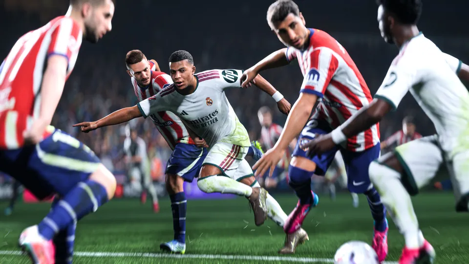 Kylian Mbappé in a Real Madrid kit dribbles past Atlético Madrid players in EA Sports FC 27