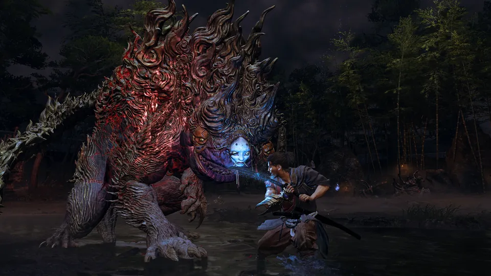 Musashi faces a huge spiked Genma beast in a shallow river at night in Onimusha: Way of the Sword