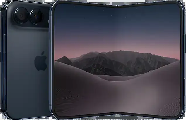 A night sky iPhone Duo half open, with the dual camera on the back and a desert wallpaper on the inner screen