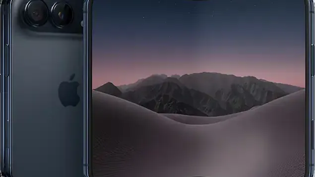 A night sky iPhone Duo half open, with the dual camera on the back and a desert wallpaper on the inner screen