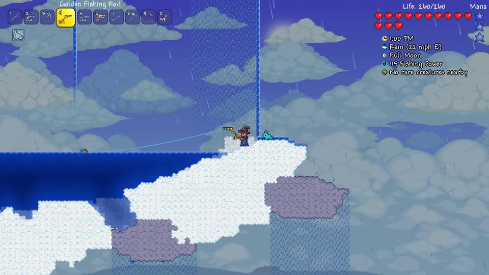 A player fishes from a floating island of clouds high in the sky in Terraria