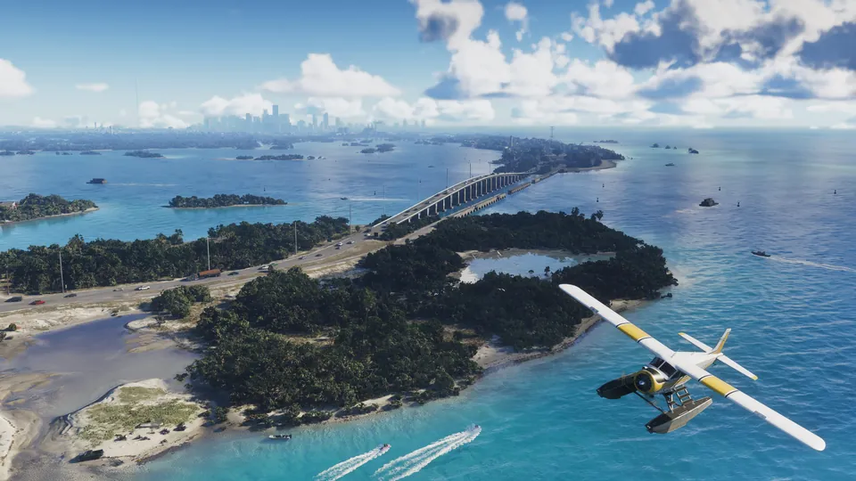 A seaplane flies low over turquoise water and green islands in the Leonida Keys in GTA 6