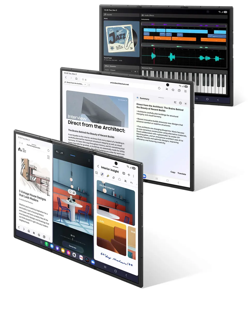 Three unfolded Galaxy Z TriFold phones showing split-screen apps for music, reading and interior design
