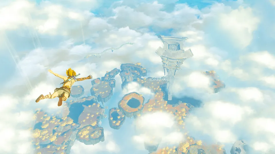 Link skydives through bright clouds toward floating sky islands in The Legend of Zelda: Tears of the Kingdom