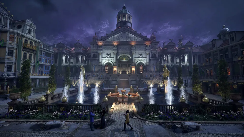 Fountains light up a grand courtyard in front of a domed palace in the city of Avalon
