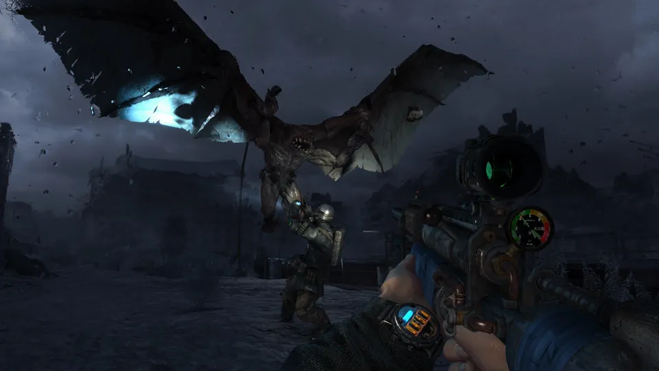 A winged mutant swoops down on a soldier at night as the player aims a scoped rifle in Metro Redux
