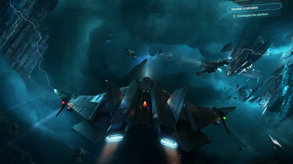 A squadron of navy fighters flies through a stormy blue nebula with lightning in Squadron 42