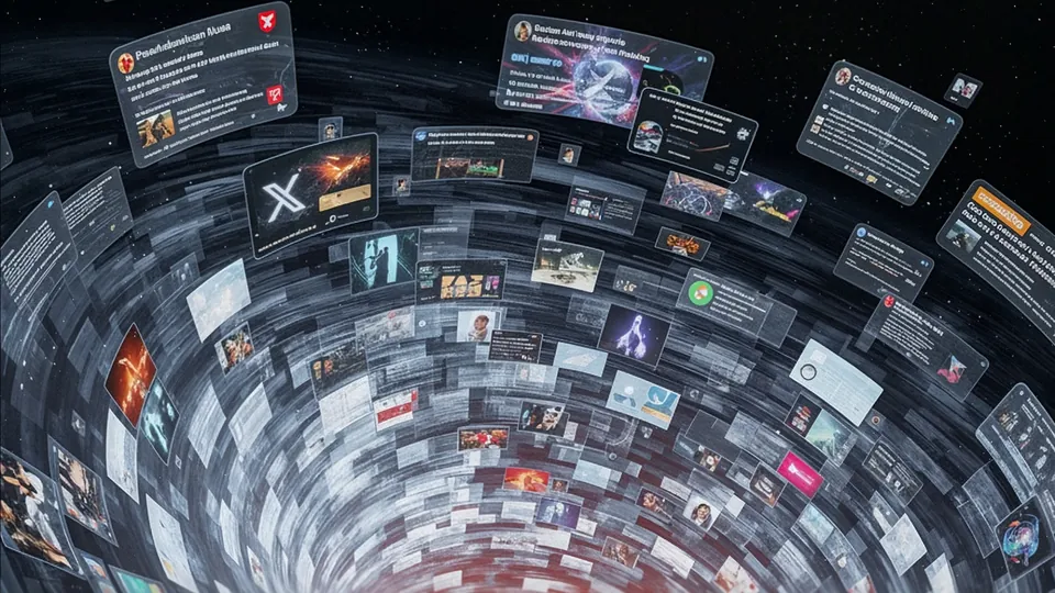 Artwork from the Grok app's App Store page: a tunnel of floating news posts and video cards