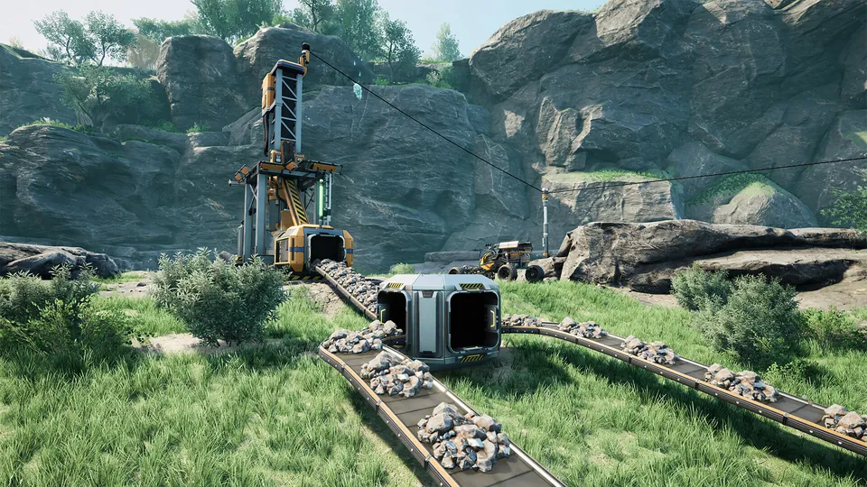 A mining machine feeds ore onto a conveyor belt beside rocky cliffs and green grass in Satisfactory
