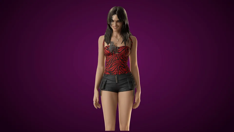The Fortnite Nikki outfit from Obsession with long dark hair, a red zebra-print top, black shorts and a necklace