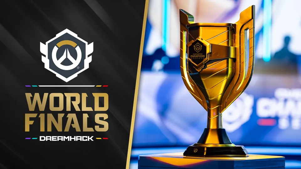 The gold OWCS trophy on stage at the 2025 World Finals in Stockholm