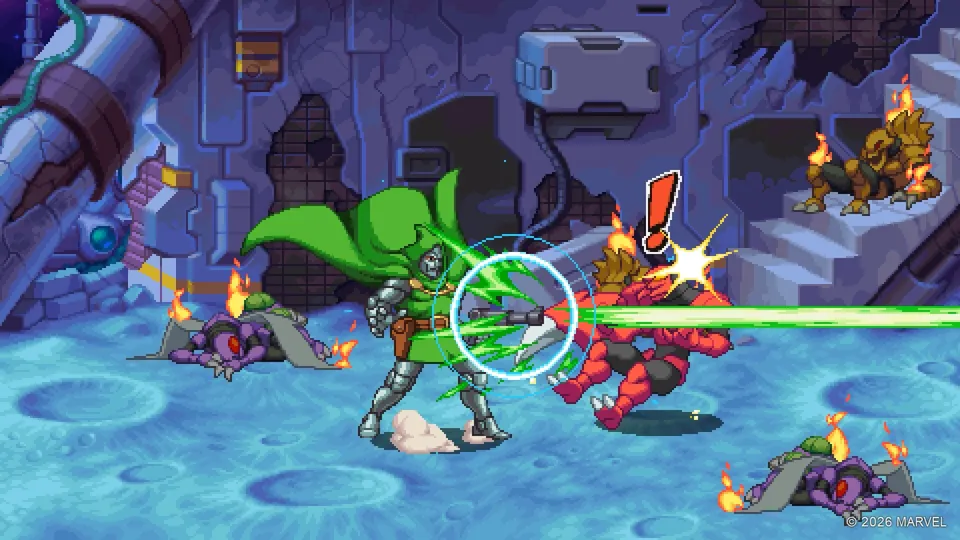 Doctor Doom fires a green beam from a gauntlet and knocks back a red insect-like enemy on a lunar base floor