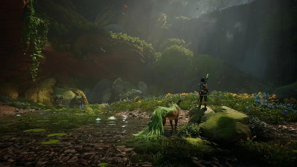 Kena and a spirit companion stand in a sunlit forest clearing in Kena: Scars of Kosmora