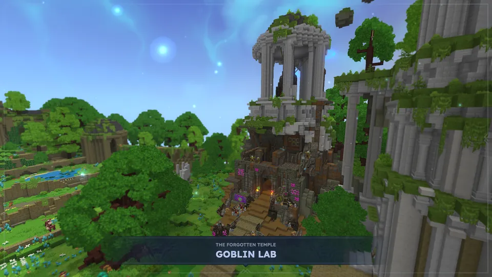 The Forgotten Temple rises over a green, blocky jungle valley in Hytale