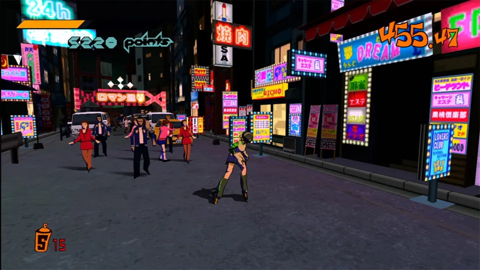 A skater rolls down a crowded street lined with glowing neon signs at night in the original Jet Set Radio