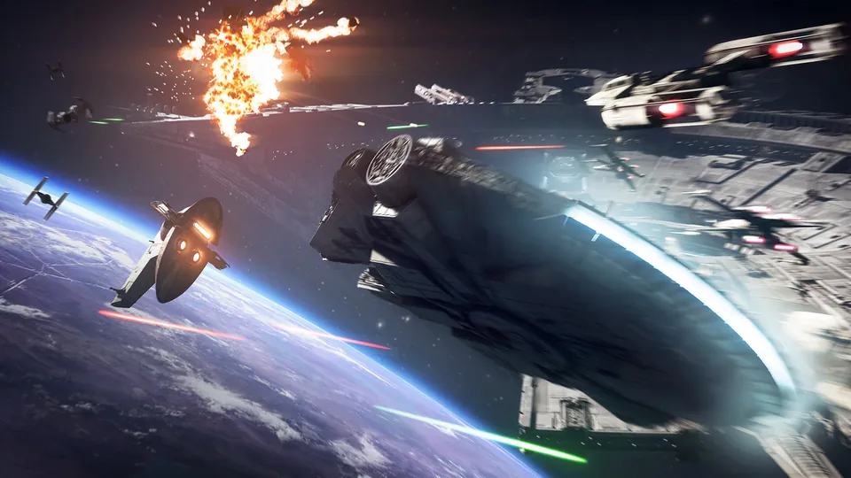 X-wings and TIE fighters dogfight around a burning capital ship above a planet in Star Wars Battlefront II