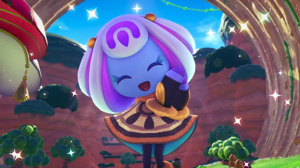 A smiling purple character with a ribbon in Kirby and the World Beyond