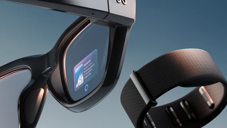 Meta Ray-Ban Display glasses with a message on the in-lens screen, next to the Meta Neural Band wristband